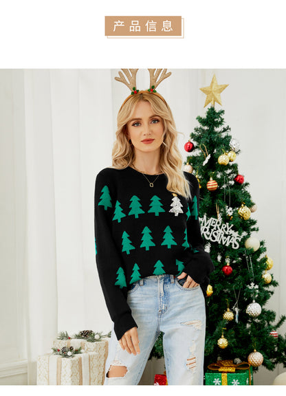 Shein Amazon European and American Clothing Autumn and Winter Pullover Jacquard Christmas Tree Knitwear Long-Sleeved Red Christmas Knitwear