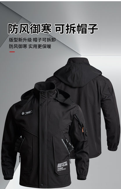Men's Autumn and Winter Fleece-Lined Thickened Softshell Tactical Outdoor Sports Workwear Suit, Waterproof and Windproof