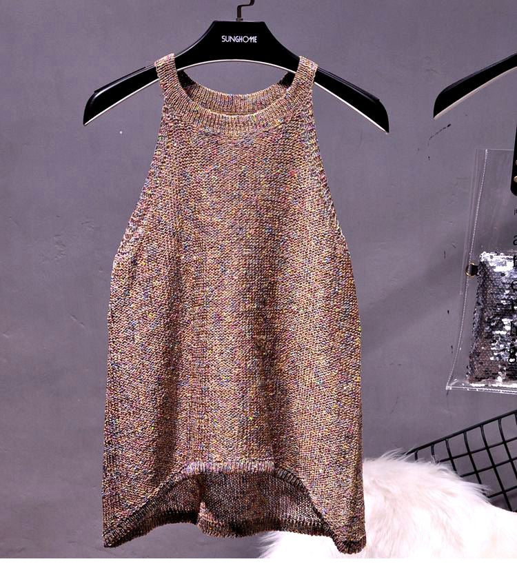All-Match Summer New Sexy Shoulder Hanging Halter Sequin Strap Ware Shoulder Flash Knitted Hollow Vest Top for Women