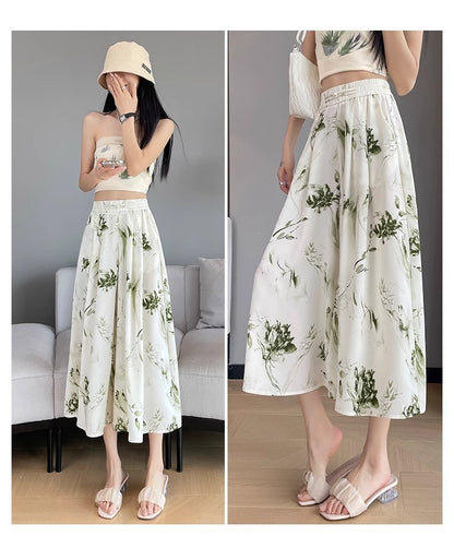 2025 Summer Thin Chiffon Wide-Leg Pants Women's Cropped Culottes Elastic Waist Small National Style Pants New Style Skirt