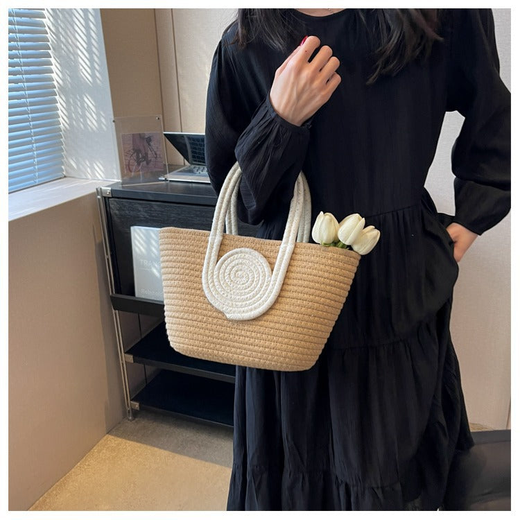 Contrast Cotton Rope Woven Handbag Women's Bag Korean Style Bag New Large Capacity Stylisse Handbag All-match Tote Bag