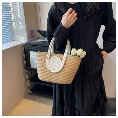 Contrast Cotton Rope Woven Handbag Women's Bag Korean Style Bag New Large Capacity Stylisse Handbag All-match Tote Bag