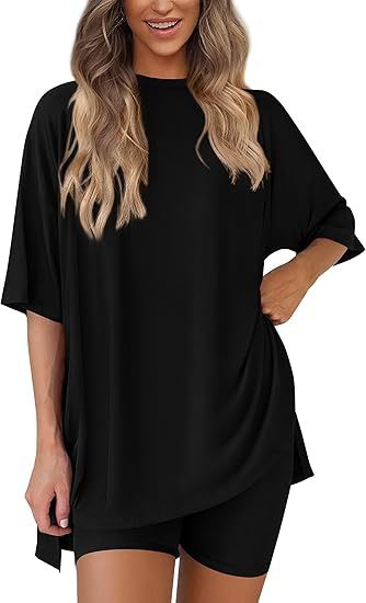 Cross-border foreign trade Amazon 2025 new women's casual round neck split loose shorts short sleeve home clothes suit