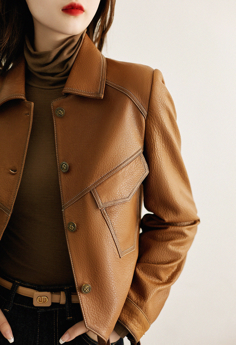 Haining Spring and Autumn New Leather Jacket Single Lined Leather Jacket Women's Short Slim Motorcycle Women's Short Leather Jacket C2707