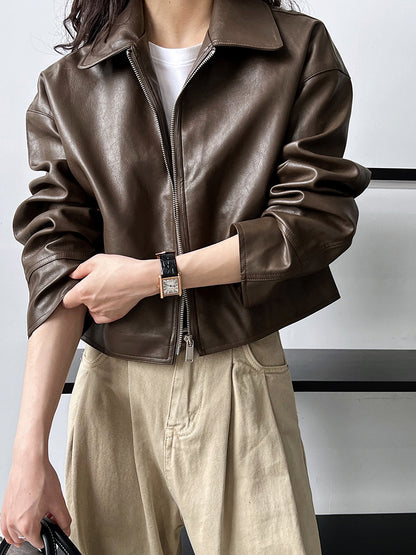 cool handsome high sense ~ lapel leather coat women's spring and autumn Hong Kong style PU leather jacket motorcycle top trendy 9595