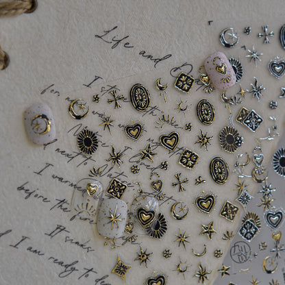 Metal Star and Moon Nail Art Stickers Embossed New 3D Stereo Popular Ins Gold and Silver Punk Nail Sticker Decorations