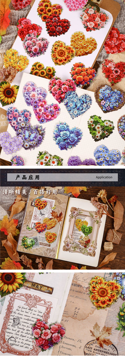 Retro Story Heart Flower Series Stickers Love Heart Floral Pet Journal Decoration Versatile Background Scenery Sticker Pack