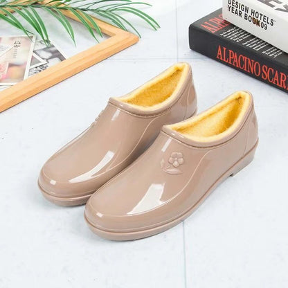 Thickened New Rain Boots Women's Four Seasons Yuanbao Shallow Water Shoes Middle-aged Short Tube Waterproof Non-slip fleece-lined Warm Rubber Rain Boots