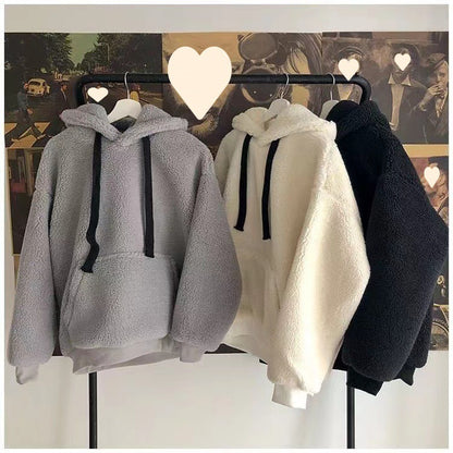Imitation Lamb Wool Sweatshirt, Winter Season, Women's Korean Style, Simple Couple's Outfit, Unisex, Fleece-Lined, Thickened, Hooded, Loose Top