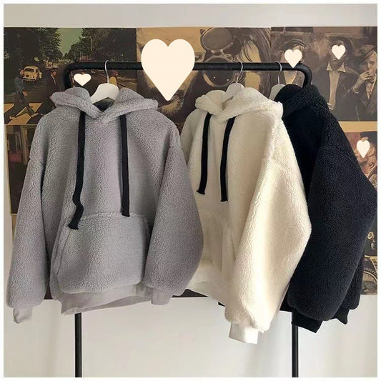Imitation Lamb Wool Sweatshirt, Winter Season, Women's Korean Style, Simple Couple's Outfit, Unisex, Fleece-Lined, Thickened, Hooded, Loose Top