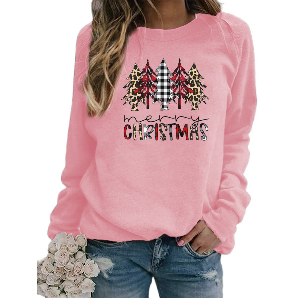 Leopard Red Plaid Christmas Tree Merry Christmas Print Round Neck European and American Women's Autumn and Winter Sweat