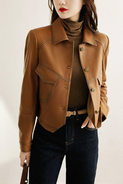 Haining Spring and Autumn New Leather Jacket Single Lined Leather Jacket Women's Short Slim Motorcycle Women's Short Leather Jacket C2707