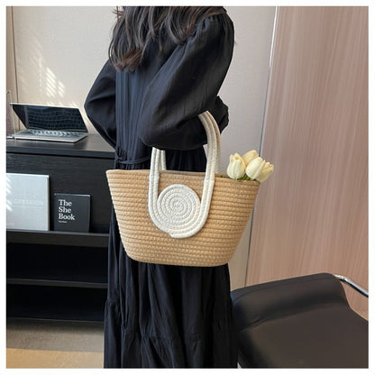 Contrast Cotton Rope Woven Handbag Women's Bag Korean Style Bag New Large Capacity Stylisse Handbag All-match Tote Bag