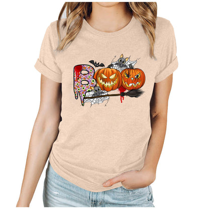 Cartoon Halloween Pumpkin Print Cross-Border Spring and Summer New Spot Multi-Color Cvc Pull-Up 180g Round Neck Short Sleeves