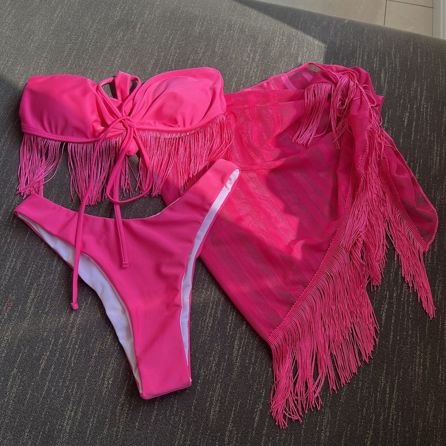 2025 European and American New Style Tassel Tube Top Suspender Mesh Three-Piece Swimsuit Bikini Bikini Cross-Border Aliexpress