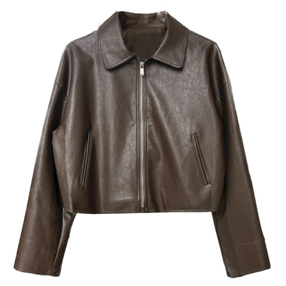 cool handsome high sense ~ lapel leather coat women's spring and autumn Hong Kong style PU leather jacket motorcycle top trendy 9595