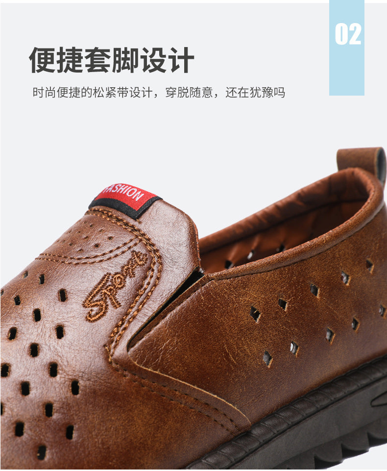 Hollow-Out Leather Shoes for Men, Summer Breathable Soft Leather Low-Top Business Casual Versatile Slip-On Perforated Dad Shoes