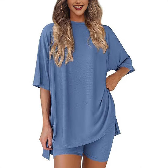 Cross-border foreign trade Amazon 2025 new women's casual round neck split loose shorts short sleeve home clothes suit