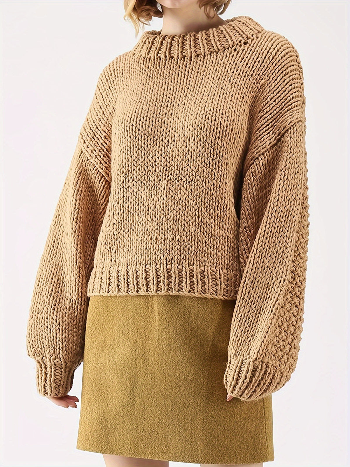 European and American Export Yellow Retro Style Thick Knitted Round Neck Sweater Women's Loose Lantern Sleeve Lazy Autumn and Winter Pullover Top