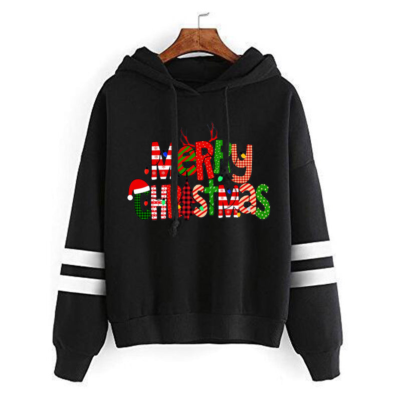 Christmas Merry Christmas printed parallel bars striped hooded hoodie European size plus size men's and women's cross-border
