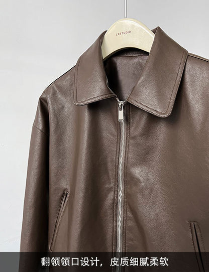 cool handsome high sense ~ lapel leather coat women's spring and autumn Hong Kong style PU leather jacket motorcycle top trendy 9595