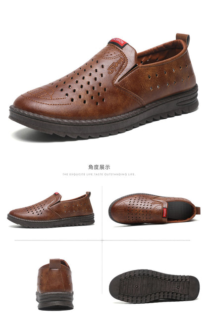 Hollow-Out Leather Shoes for Men, Summer Breathable Soft Leather Low-Top Business Casual Versatile Slip-On Perforated Dad Shoes