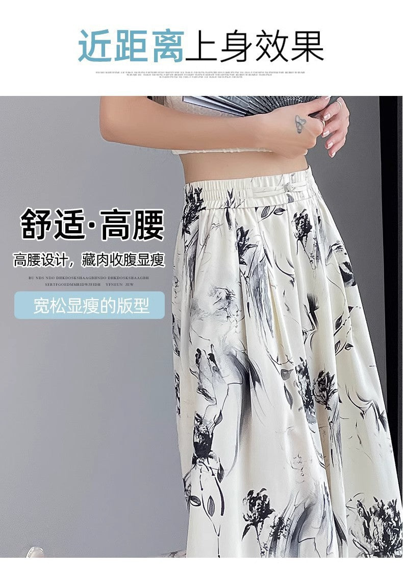 2025 Summer Thin Chiffon Wide-Leg Pants Women's Cropped Culottes Elastic Waist Small National Style Pants New Style Skirt