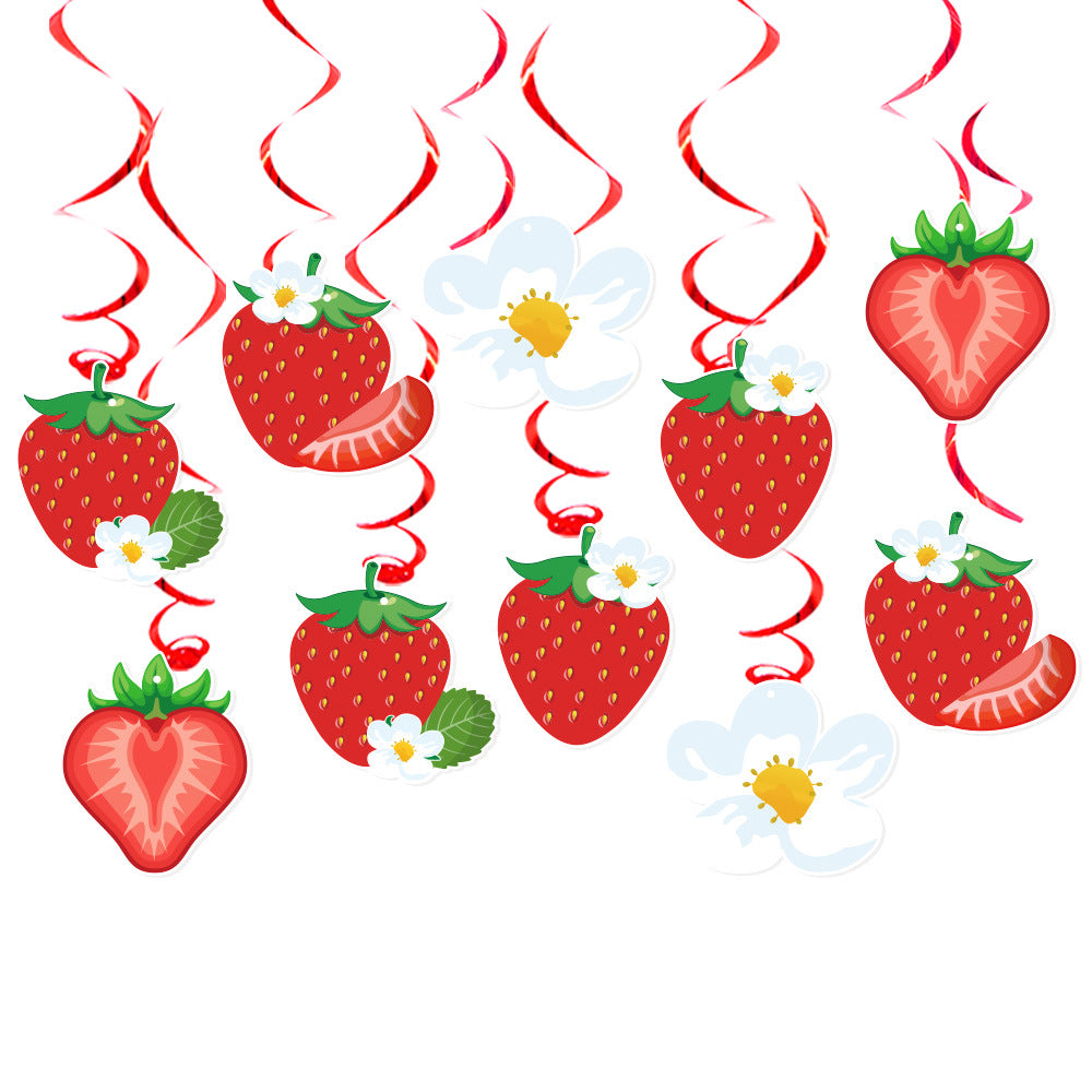 European and American Strawberry Birthday Theme Party Supplies Flags, Flowers, Honeycomb Table Decorations, Desktop Table Decorations