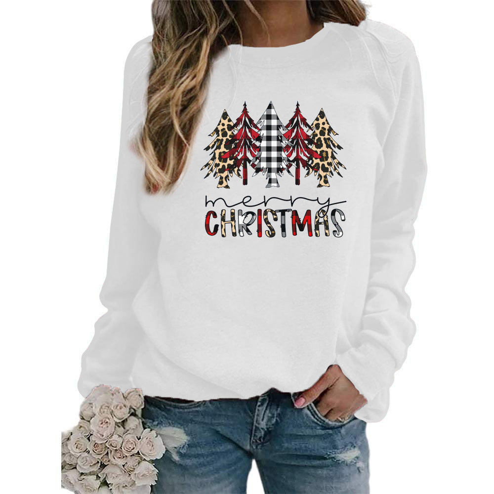 Leopard Red Plaid Christmas Tree Merry Christmas Print Round Neck European and American Women's Autumn and Winter Sweat