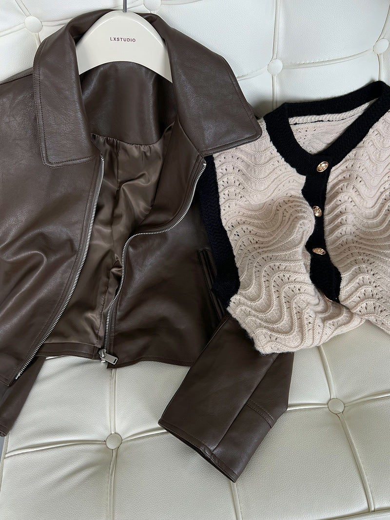 cool handsome high sense ~ lapel leather coat women's spring and autumn Hong Kong style PU leather jacket motorcycle top trendy 9595