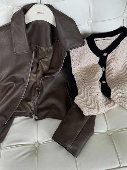 cool handsome high sense ~ lapel leather coat women's spring and autumn Hong Kong style PU leather jacket motorcycle top trendy 9595