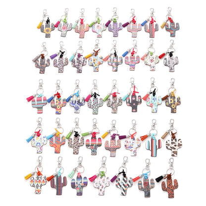 New Wooden Cactus Keychain Leopard Flower Rainbow Sunflower Striped Printed Bag Car Pendant
