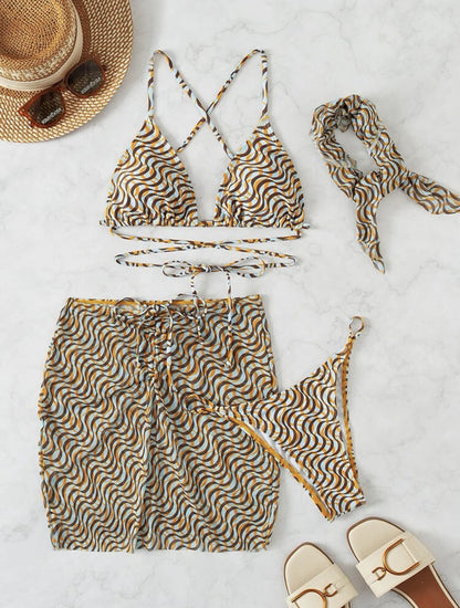 2025 European and American New Drawstring Straps Sexy Three-Piece Swimsuit Bikini Bikini with Veil Cross-Border