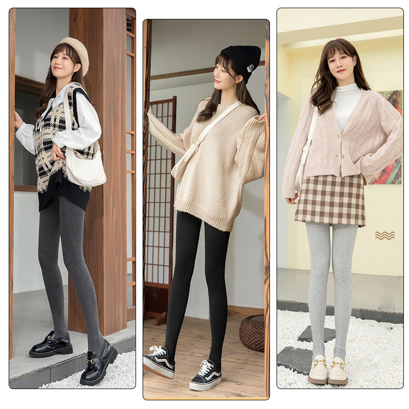 Autumn and Winter Fleece-Lined Thickened Vertical Striped Gray Leggings Ribbed Cotton Outerwear Footed Thermal Pants Women's Tights