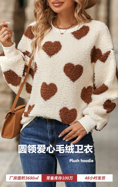 Flash velvet 2023 cross-border women's clothing European and American autumn and winter new plush love printing loose long sleeve round neck pullover sweater