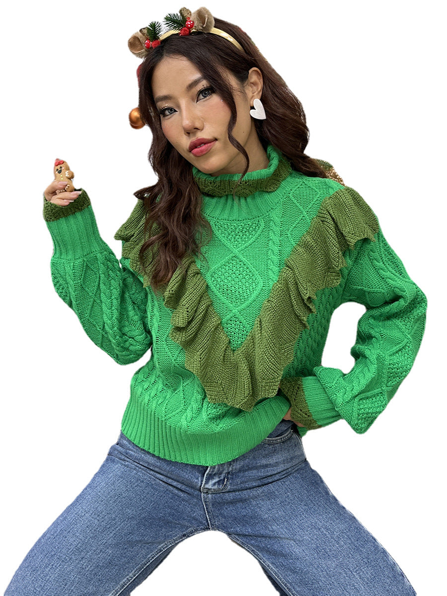 Amazon 2023 new Christmas half turtleneck sweater women's autumn and winter ruffled twisted pullover sweater women