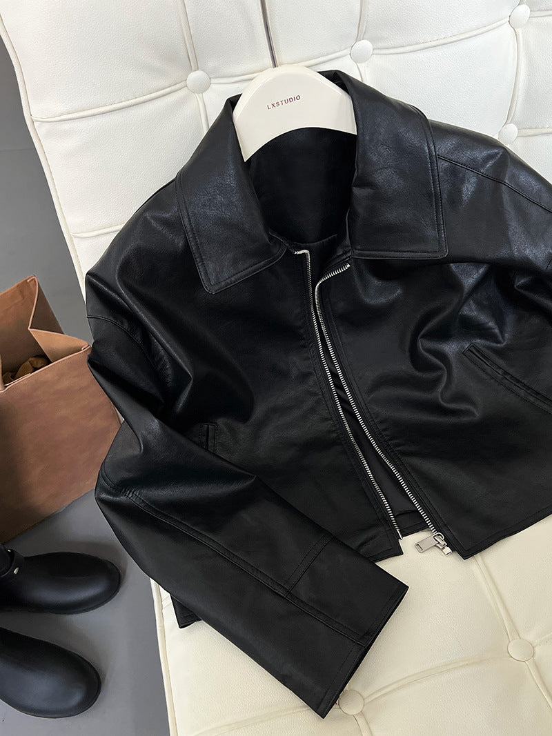 cool handsome high sense ~ lapel leather coat women's spring and autumn Hong Kong style PU leather jacket motorcycle top trendy 9595