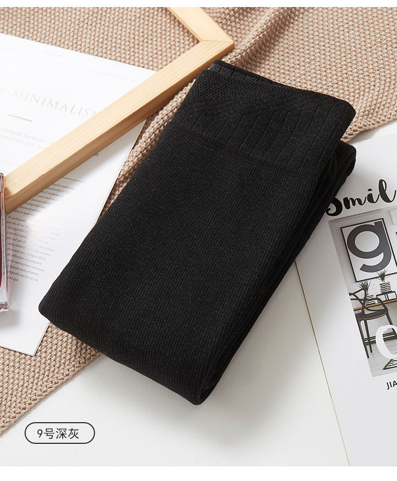 Autumn and Winter Fleece-Lined Thickened Vertical Striped Gray Leggings Ribbed Cotton Outerwear Footed Thermal Pants Women's Tights