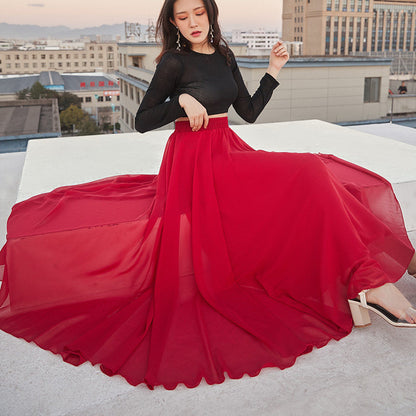 720 Degree Double Layer Large Swing Skirt Chiffon Classical Dance Ethnic Dance Skirt Dance Long Skirt Square Dance Practice Xinjiang Dance