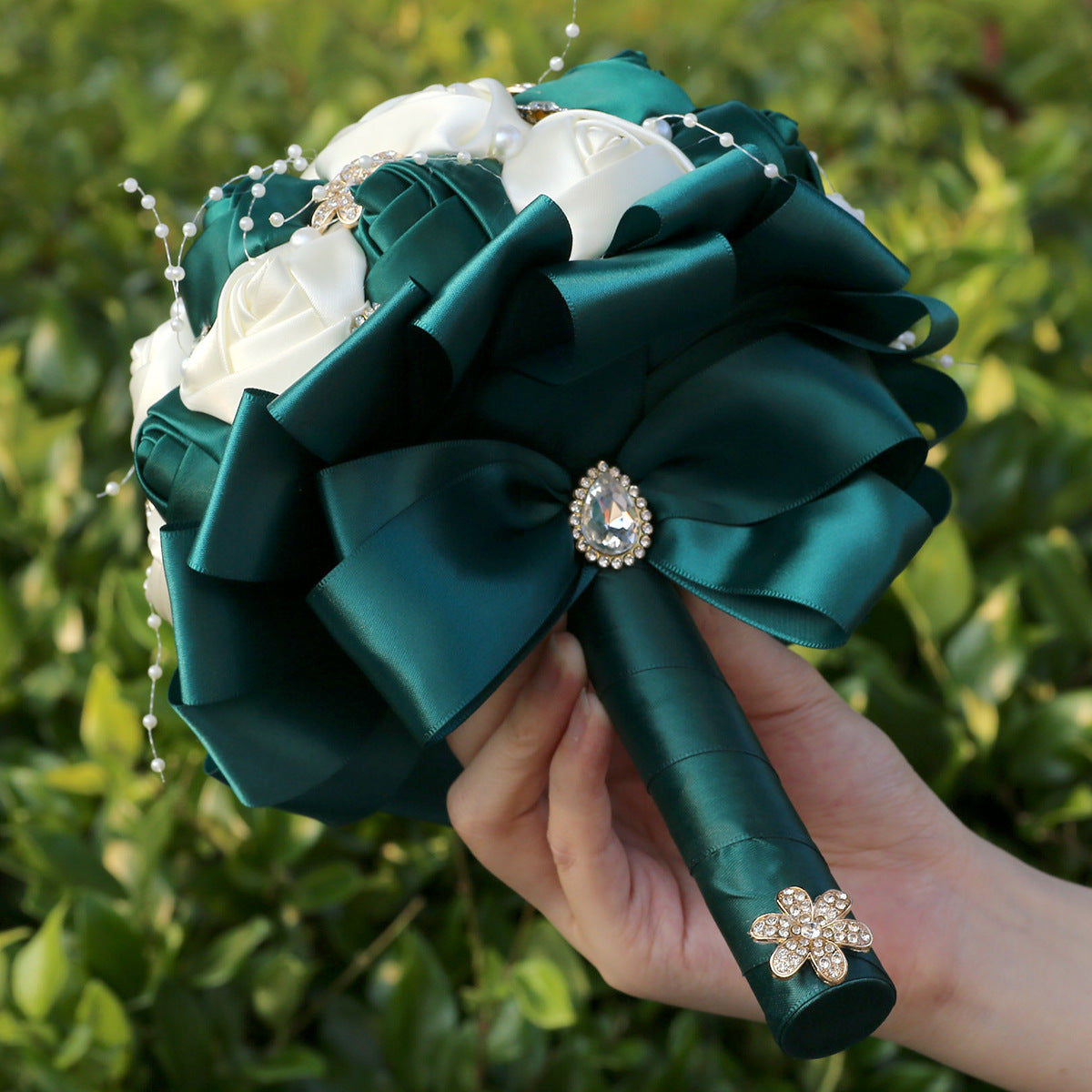 Amazon Supply Dark Green Bride Bridesmaid Simulated Satin Rose Bouquet Church Wedding Supplies Wholesale