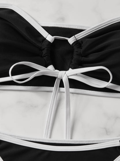 European and American Style Sexy Bandeau Bikini Swimsuit for Women, Solid Color with Chest Pads, Simple Cross-Border Two-Piece Swimsuit