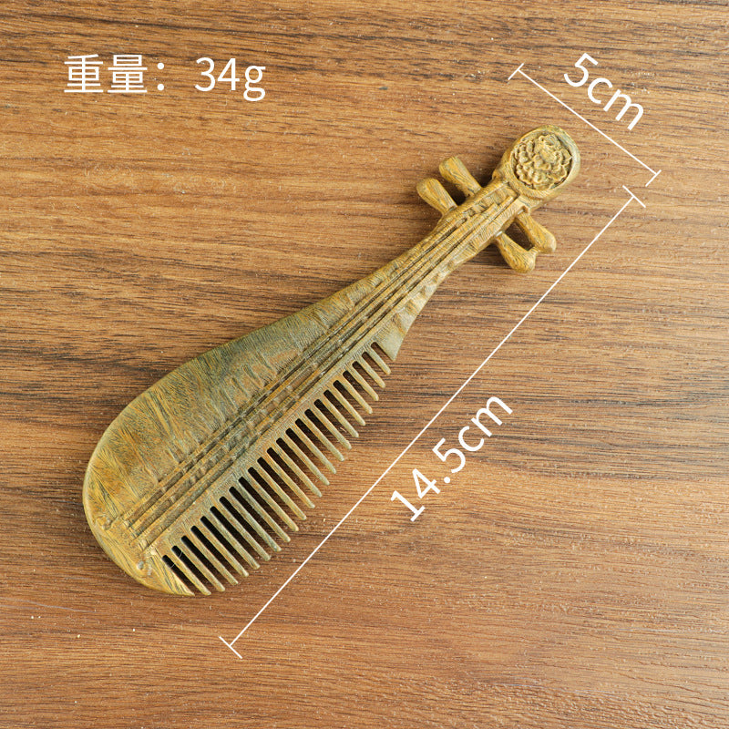 Golden silk sandalwood lotus fish carved massage comb scalp head massage wide tooth comb small comb solid wood comb meridian comb