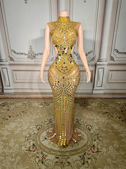 Luxury Mirror Sequins Sheath Halter Trailing Dress