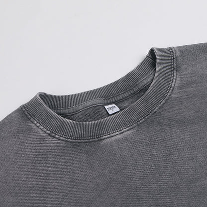 350g American Washed Retro Round Neck Sweatshirt Cross-Border Large Size Terry Drop Shoulder Distressed Pullover Washed Sweatshirt for Men
