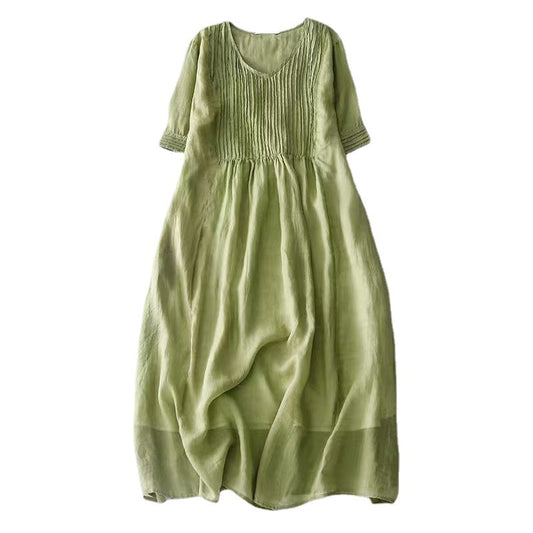 Vintage Organ Pleated Design Half Sleeve Dress Women's Artistic Solid Color V-neck Cotton Linen Cool Slimming Mid-length Dress