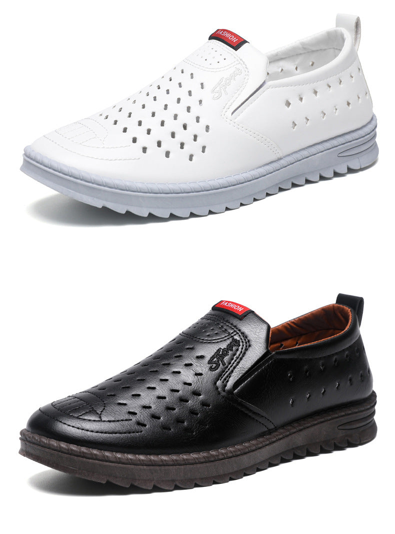 Hollow-Out Leather Shoes for Men, Summer Breathable Soft Leather Low-Top Business Casual Versatile Slip-On Perforated Dad Shoes