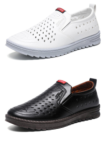 Hollow-Out Leather Shoes for Men, Summer Breathable Soft Leather Low-Top Business Casual Versatile Slip-On Perforated Dad Shoes