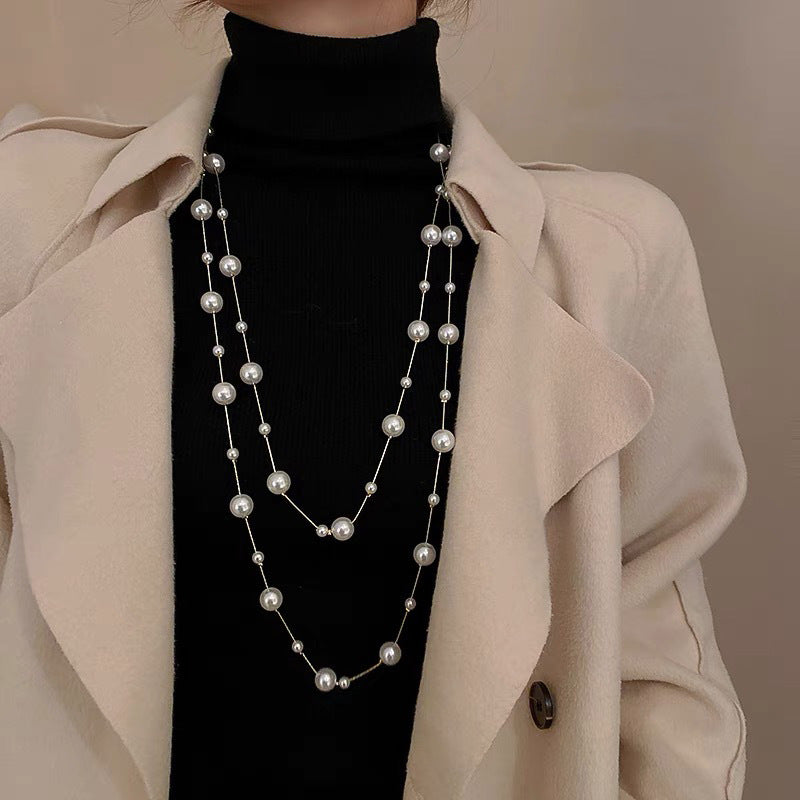 Shijiazu stacked with long pearl necklace women's light luxury temperament sweater chain Joker high sense autumn and winter necklace