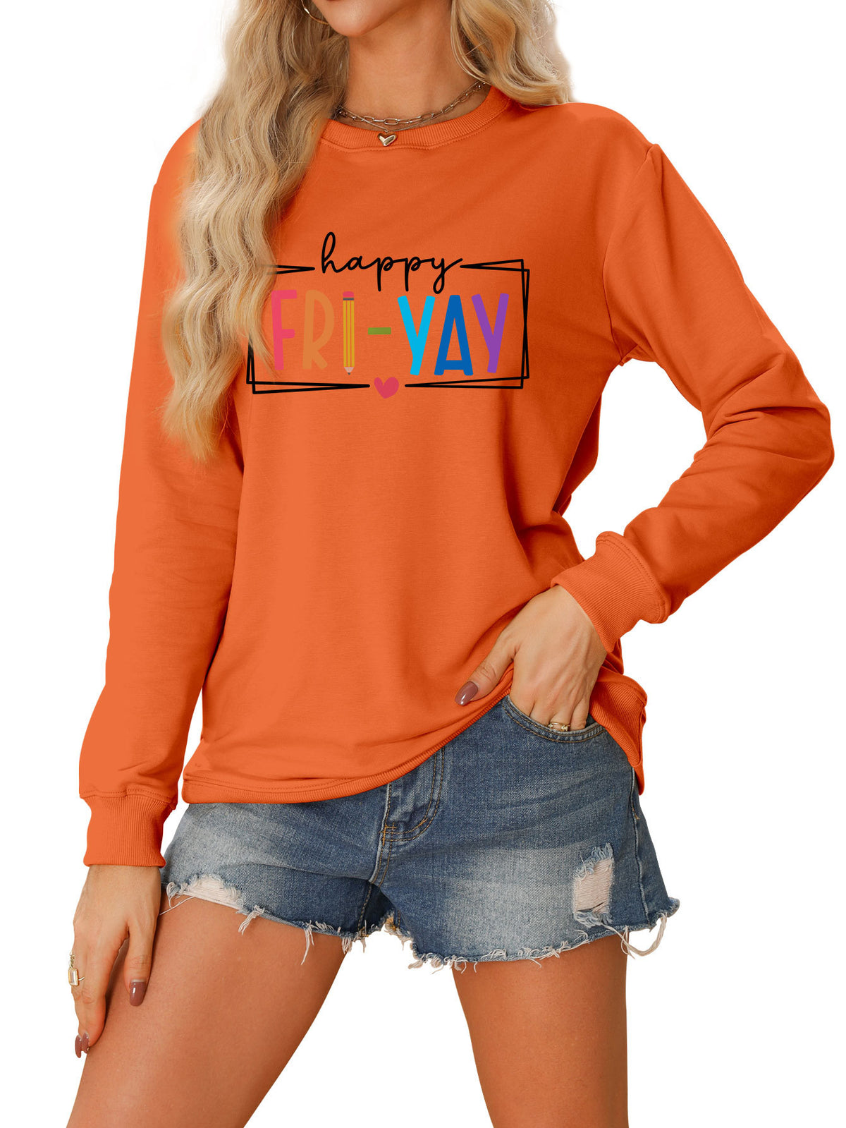 Amazon Ebay Round Neck Sweatshirt Happy Fri Yay Fun Letters Casual Fashion Long-Sleeved Tops in Stock
