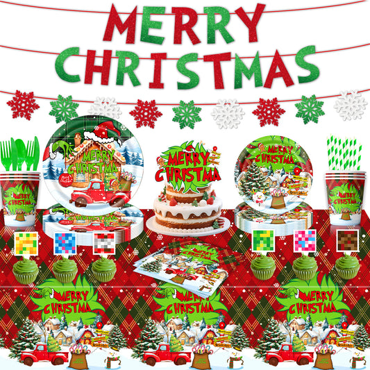 Cross-Border New Product Christmas Grinch Theme Party Decoration Flag Cartoon Party Supplies Tableware Christmas Decoration